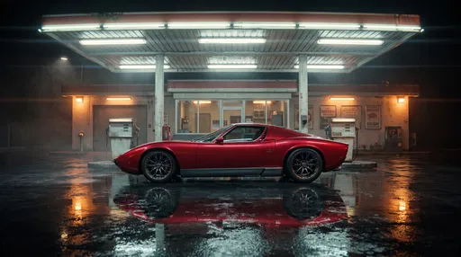 Red Sports Car at Night Gas Station