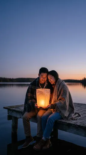 Couple HoldingGlowing Lantern on Pier
