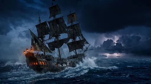 Pirate Ship Navigating Stormy Ocean