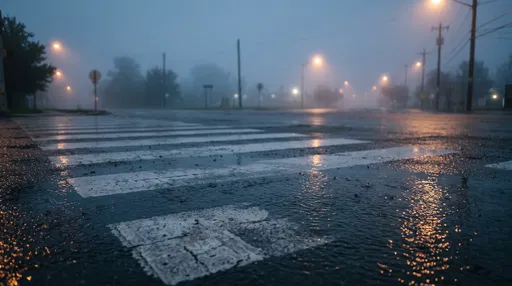 Wet Crosswalk in Foggy Predawn Light