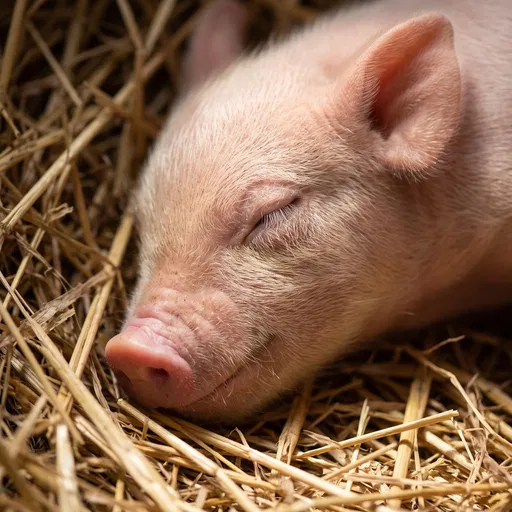 Sleeping Newborn Piglet on Straw