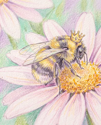 Colored Pencil Bee With Crown Illustration