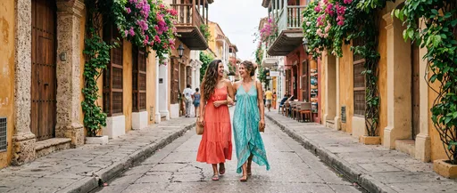 Two Women Walking Down Colorful Street