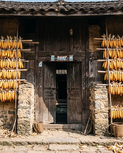 Traditional Wooden House With Drying Maize