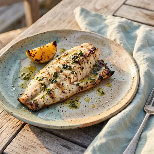 Grilled Grouper Fillet on Ceramic Plate