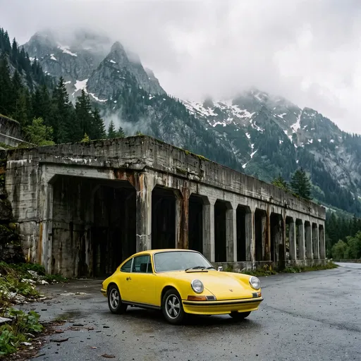 Yellow Classic Sports Car in Mountains