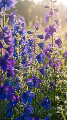 Backlit Blue and Purple Larkspur Flowers