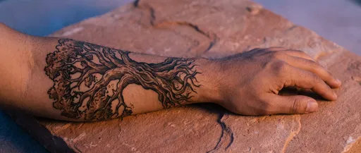 Forearm With Woodcut Oak Tree Tattoo