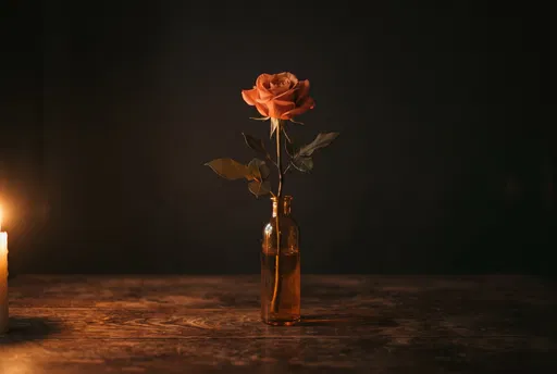 Single Terracotta Rose in Amber Glass Vase