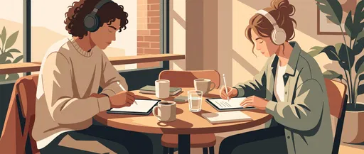 Two Students Studying on Tablets in Cafe