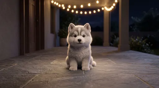 Stylized Husky Puppy on Night Porch