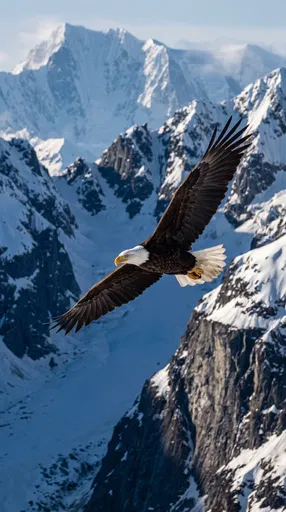 Bald Eagle Soaring Over Snowy Mountain Peaks