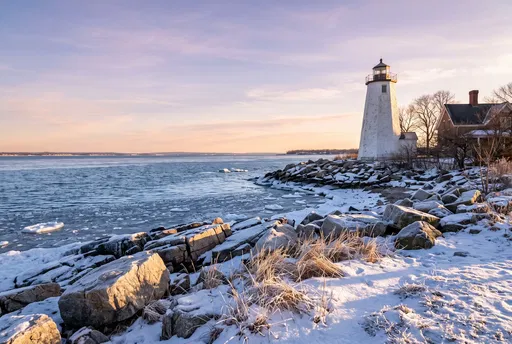 Winter Sunset at Coastal White Lighthouse