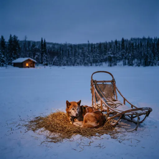 Sled Dog Resting on Straw at Dusk