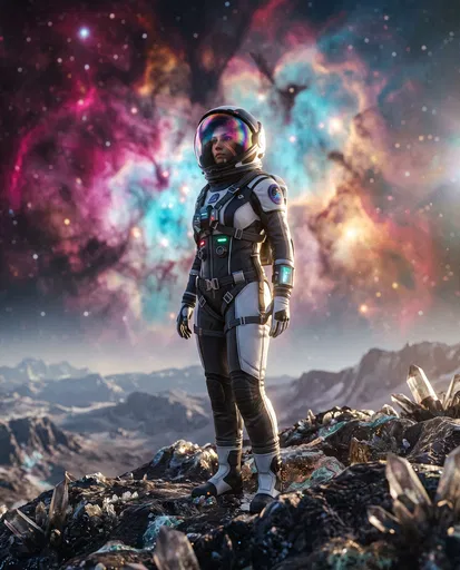 Female Astronaut Standing Before Colorful Nebula