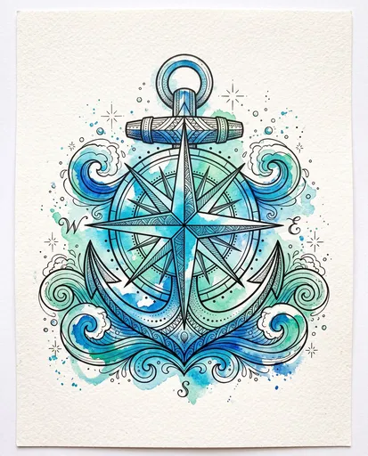 Watercolor Anchor and Compass Rose Illustration