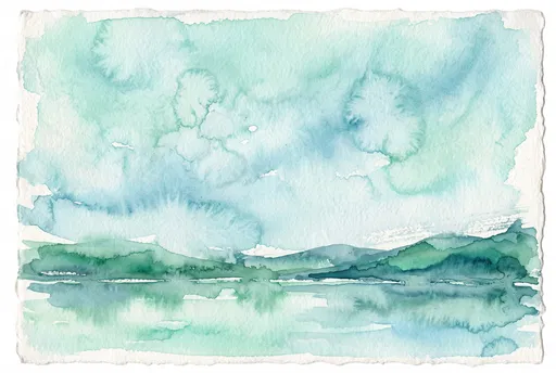 Teal and Emerald Watercolor Lake Landscape
