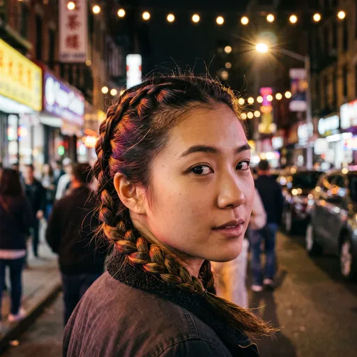 Woman With French Braids On Night Street