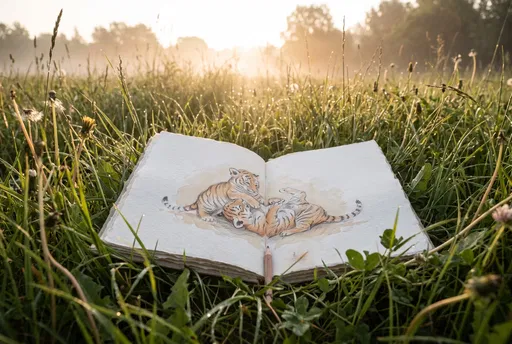Sketchbook With Tiger Cubs Drawing in Meadow