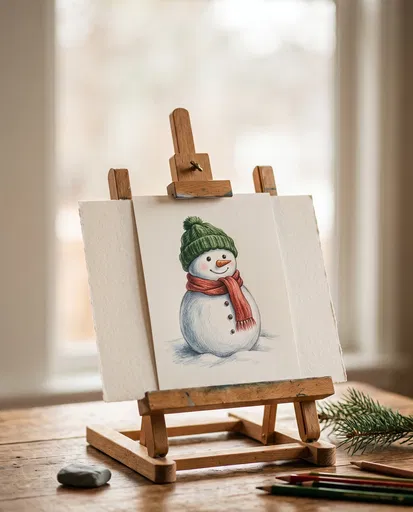 Snowman Drawing on Wooden Tabletop Easel