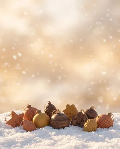 Rustic Clay and Wood Ornaments in Snow