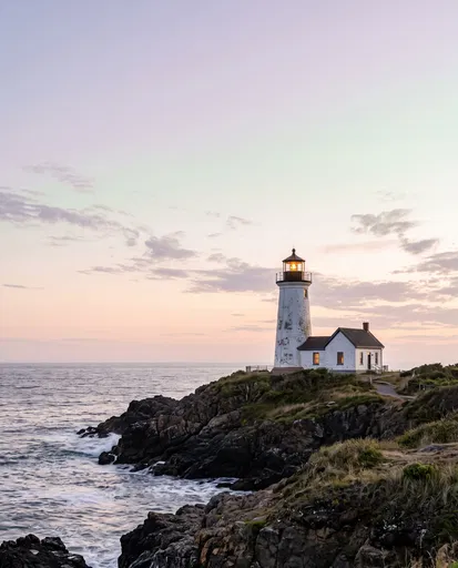 White Lighthouse on Rocky Coast at Twilight
