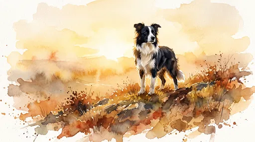 Watercolor Black and White Shepherd on Ridge