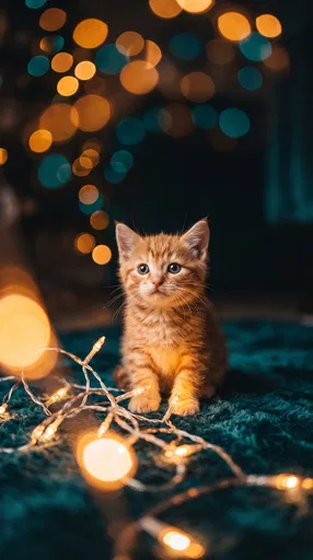 Ginger Kitten With Glowing Fairy Lights