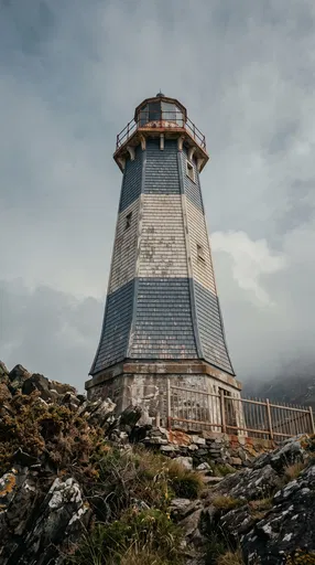Weathered Blue and White Shingled Lighthouse