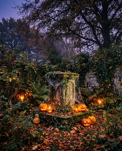 Spooky Autumn Garden Pedestal with Glowing Pumpkins