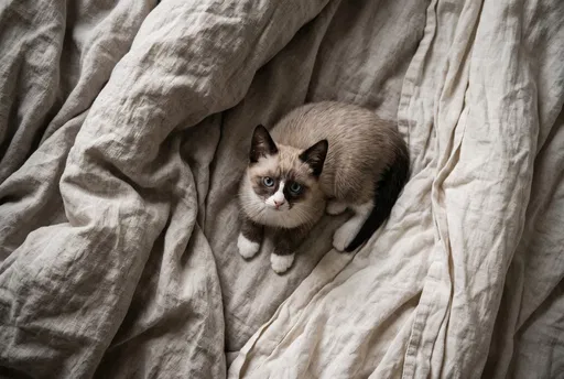 Snowshoe Kitten on Crumpled Linen Sheets