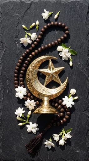 Brass Crescent and Prayer Beads Flat Lay