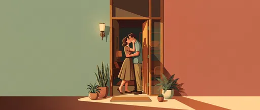Mid-Century Illustration of Couple Kissing in Doorway