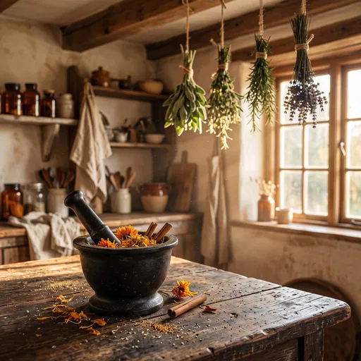 Rustic Mortar and Pestle with Herbs