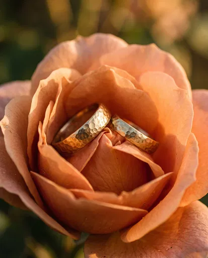 Hammered Gold Wedding Bands in Apricot Rose