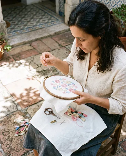 Woman Embroidering Floral Pattern in Courtyard