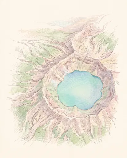Colored Pencil Sketch of Volcanic Crater Lake