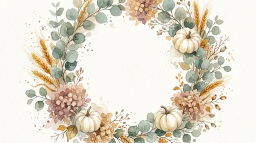 Watercolor Autumn Wreath With White Pumpkins