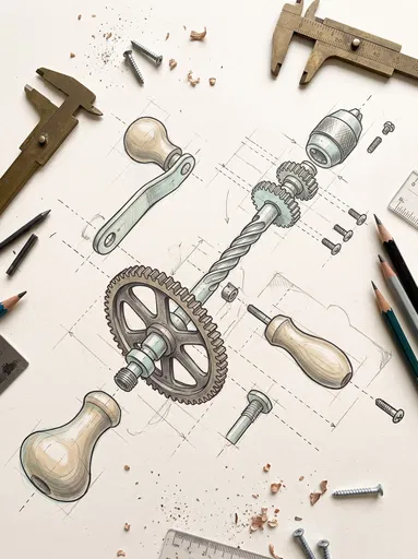 Exploded Hand Drill Technical Drawing