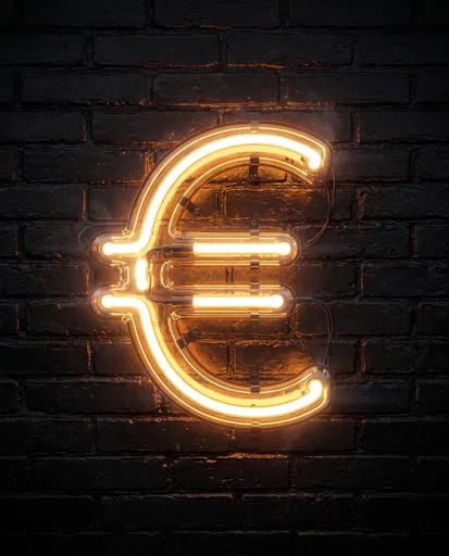 Glowing Neon Euro Symbol on Brick Wall