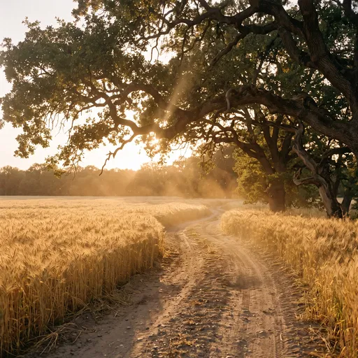 Dusty Dirt Road Through Sunset Wheat Field