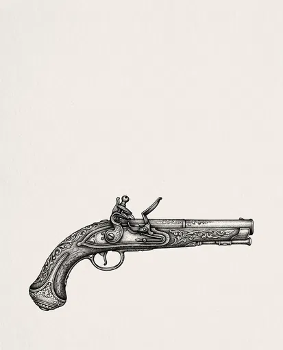 Ornate Antique Flintlock Pistol Stipple Drawing