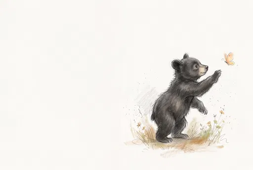 Black Bear Cub Reaching for Butterfly Illustration