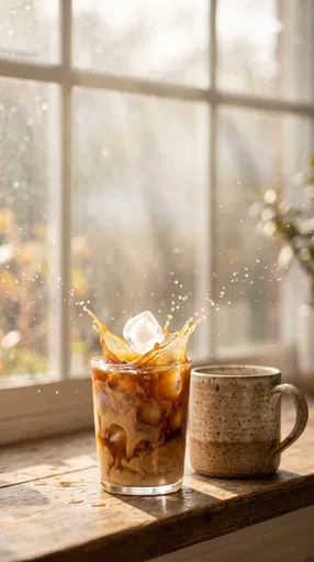 Iced Coffee Splash on Sunny Window Ledge