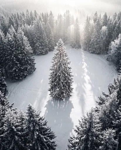 Decorated Christmas Tree in Snowy Forest Clearing