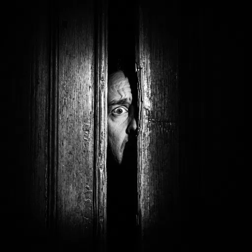 Terrified Man Peering Through Door Gap
