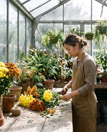 Florist Trimming Chrysanthemums in Sunlit Greenhouse