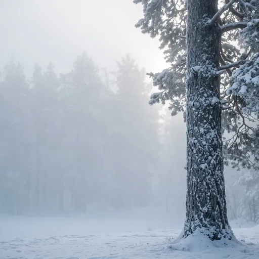 Snowy Pine Trunk in Winter Fog