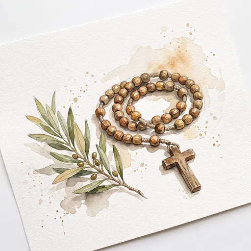 Watercolor Wooden Rosary and Olive Branch