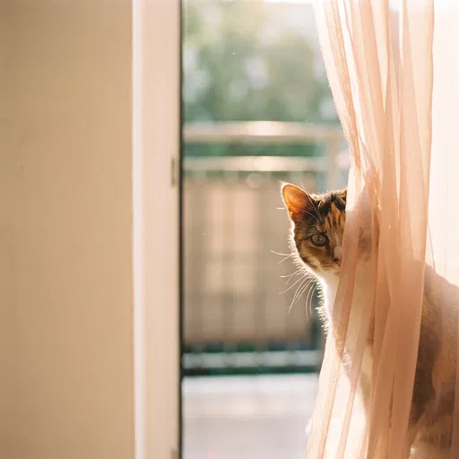 Calico Cat Peeking Behind Sheer Curtain